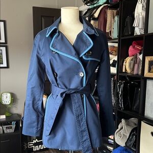 Coach Navy Trench Coat with Light Blue Leather Trim
